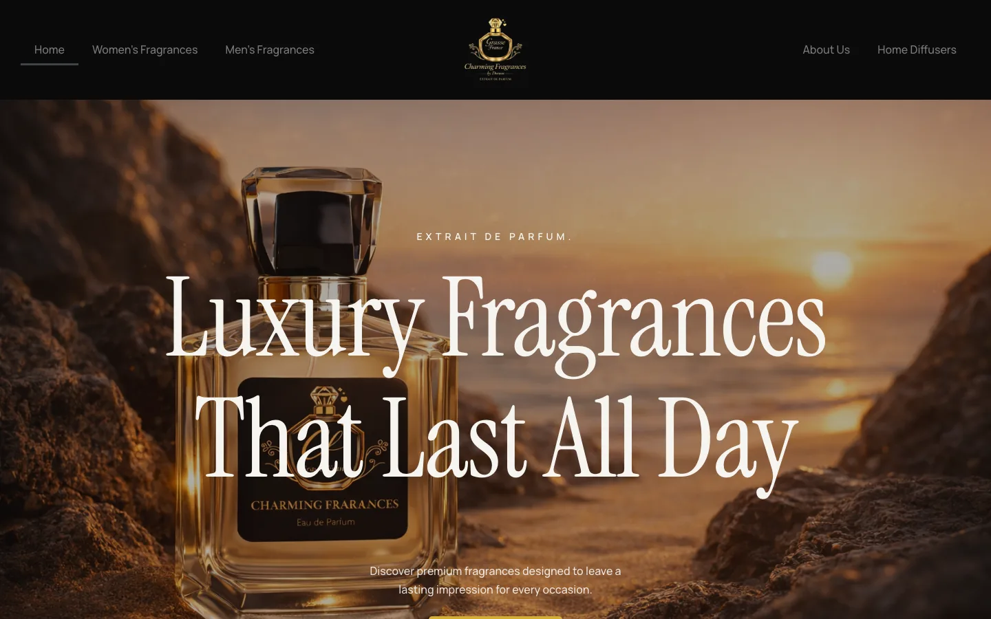 Charming Fragrances homepage, a perfume bottle on a beach at sunset with the headline 'Luxury Fragrances That Last All Day'