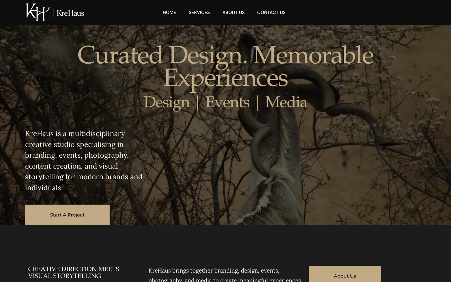 KreHaus homepage, a dark thicket photo with the headline 'Curated Design. Memorable Experiences'