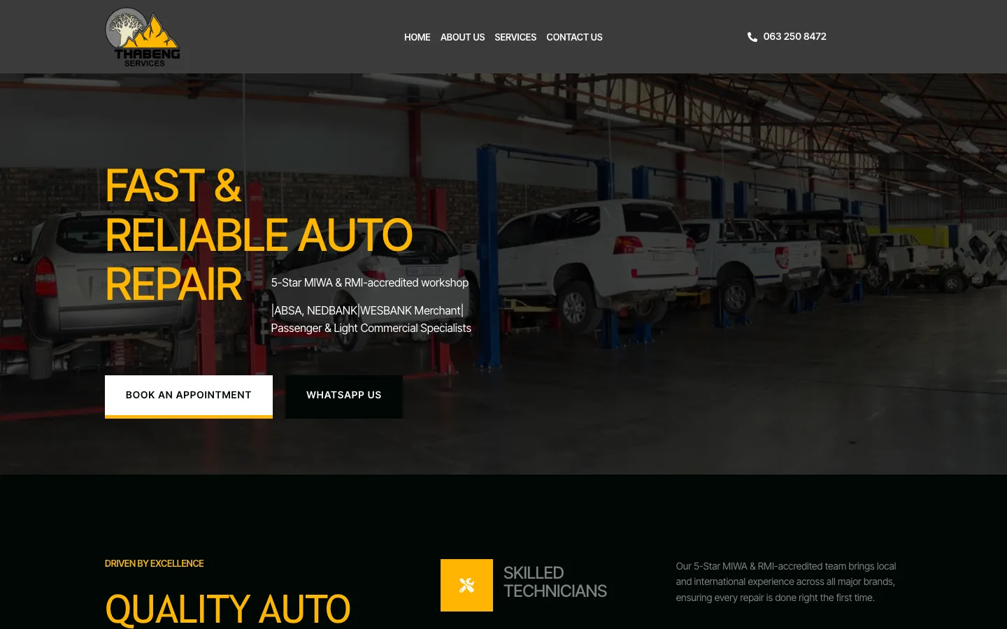 Thabeng Services homepage, an auto workshop photo with the headline 'Fast & Reliable Auto Repair'